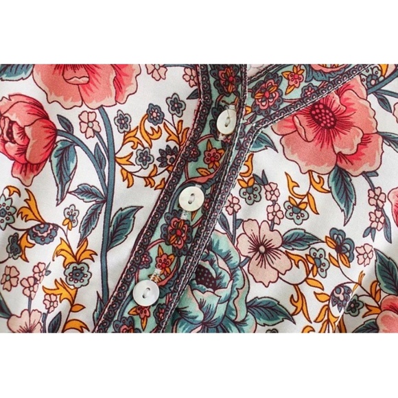 3/4 sleeve floral print red ruffle v neck dress - Picture 4 of 5